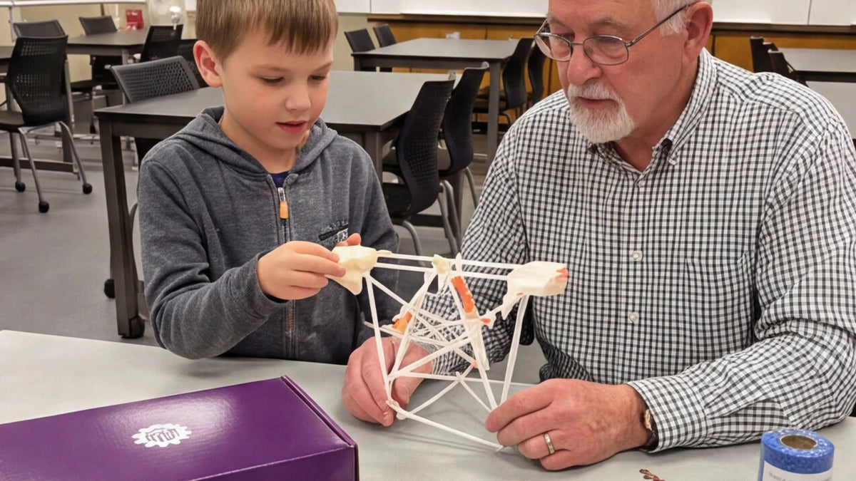 A family building together at a school STEM night