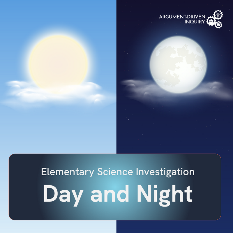 Illustration of day and night with sun and moon, labeled &