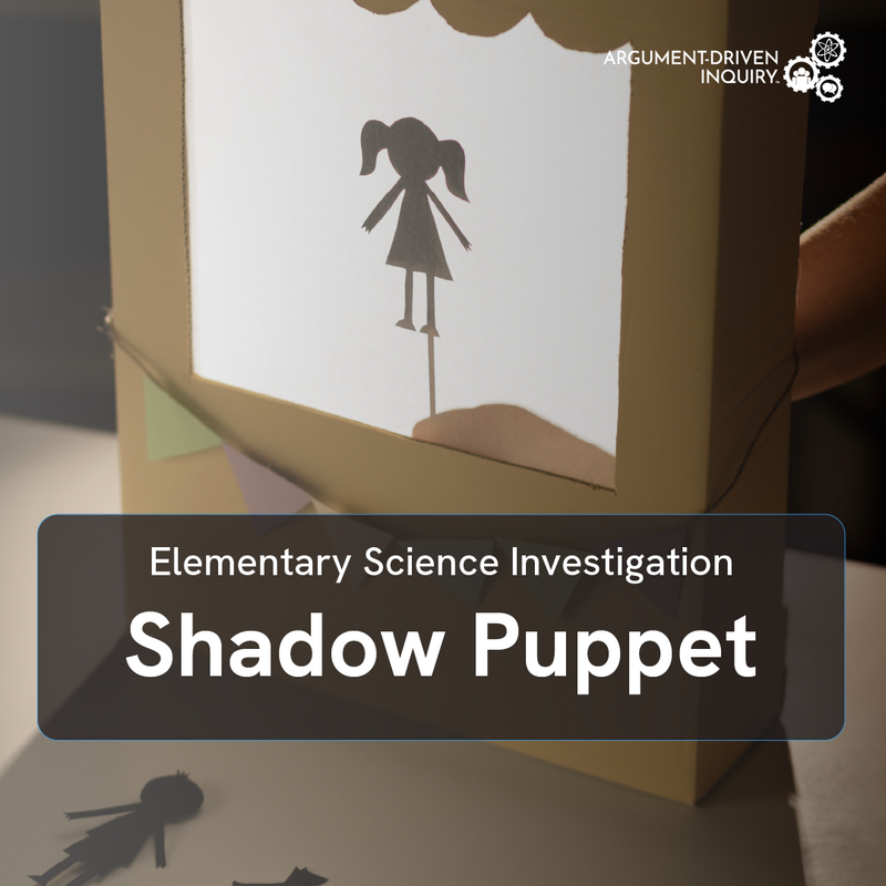 Shadow puppetry setup with a cardboard box and stick figure silhouette, labeled &