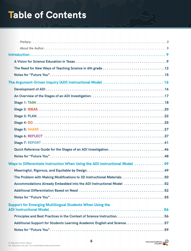Argument-Driven Inquiry Three Dimensional Investigations for 6th Grade (Texas Edition)